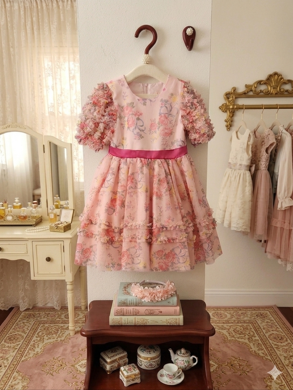 Biscotti Pink Floral Ruffle Party Dress w/ Headband, Size 7, NWT